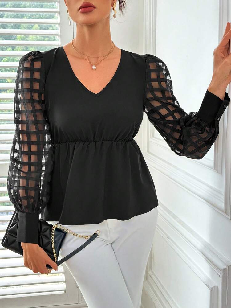 Women'S V-Neck Waist Tie Sleeve Plaid Mesh Contrast Long Sleeve Blouse