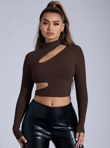 SHEIN SXY 女式鉸空短袖長版t恤 - 巧克力棕 - 查看 1
