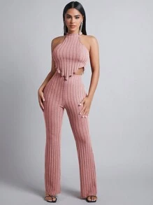 SHEIN PETITE Women's Sleeveless Top And Pants Two Piece Set With Asymmetrical Hem Design - Dusty Pink - View 1