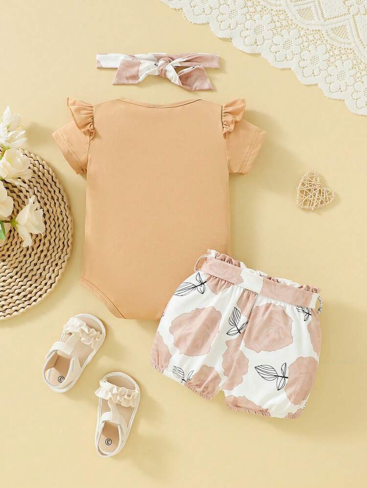 Infant Girls' Slogan Printed Bodysuit With Color Block Shorts Set