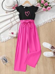 女童心形印花泡泡袖針織拼接連身褲 - 玫紅色 - 查看 1