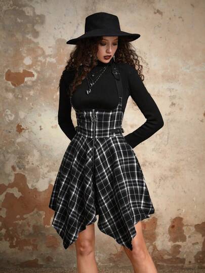 Goth Vestito da overall con orlo a fazzoletto e stampa a quadri, senza maglietta, da scuola