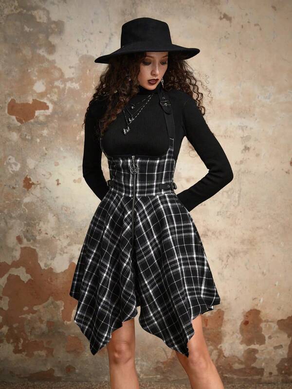 Goth Plaid Print Hanky Hem Overall Dress Without Tee, School