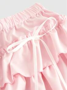 ROMWE Kawaii Quần short ren tương phản nhiều lớp xếp nếp mùa hè cỡ lớn, đi học - Hồng - Xem 4