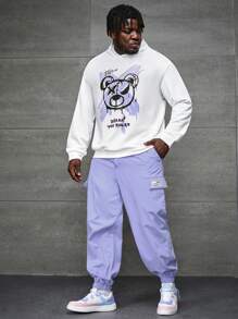 Manfinity RebelGame 男士加大尺碼卡通字母印花連帽衛衣和褲子兩件套裝 - 紫色 - 查看 3