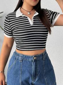 SHEIN EZwear 大尺碼女士條紋拼接白襯衫 - 黑與白 - 查看 5