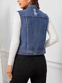 SHEIN Privé Chaleco De Mezclilla Sin Mangas Desgastado Con Botones Para Mujer - Azul lavado oscuro - Ver 2