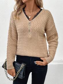 SHEIN LUNE Ladies' Lace Spliced Zipper Detail Texture Knit Pullover Fall Winter Sweater - Khaki - View 3