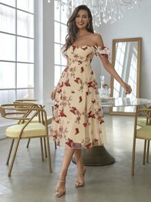 Double Crazy Sweetheart Neck Balloon Sleeve Butterfly Embroidered Tulle Party Dress - Apricot - View 1