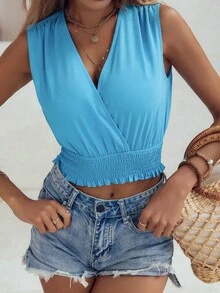 Débardeur Froncé À Col En V De Couleur Unie Pour Femmes - Bleu azur - Voir 3