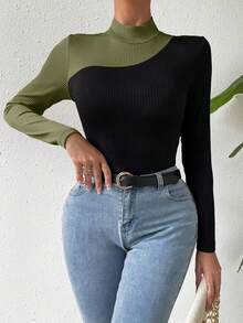 SHEIN Essnce 顏色塊立領t卹 - 墨綠色 - 查看 3