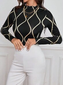 SHEIN Privé Của phụ nữ In Đứng Tay áo Áo thun - màu đen - Xem 3