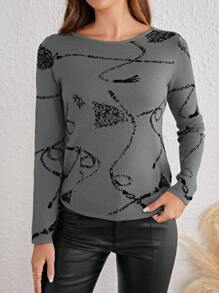 EMERY ROSE Của phụ nữ Vòng cổ Tay áo dài Áo len Với Mẫu - Xám - Xem 4