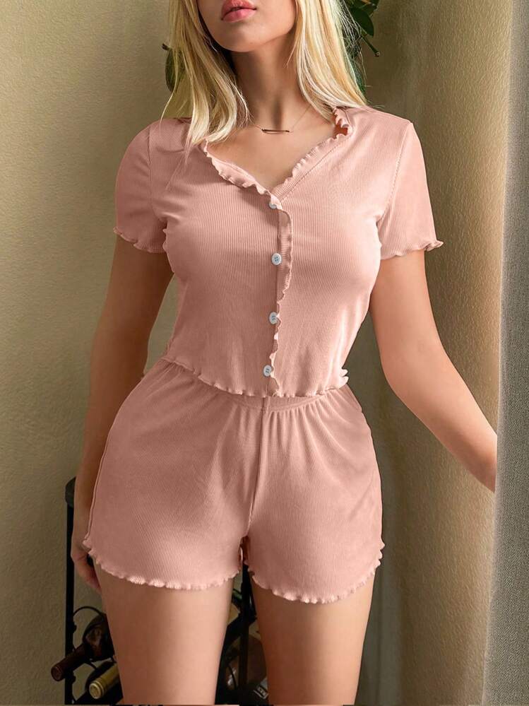 SHEIN レタスフリル トップス&ショーツ ルームウェアセット - ベビーピンク - 見る 1