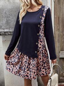 SHEIN LUNE Print Patchwork Button Detail Dress - Navy Blue - View 5