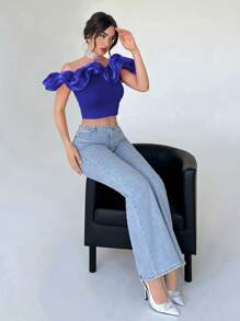 Aloruh Women's Casual Off Shoulder Ruffle Top With Decorative Trim - Blue - View 5