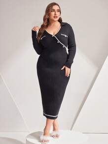 Mulvari Damen-pulloverkleid Im Farbblock-stil In Übergröße Mit Gerolltem Rand Und Knopfdetail - Schwarz und Weiss - Übersicht 5