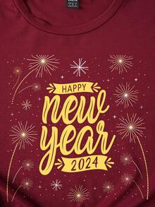 SHEIN EZwear 女新年標語印花短袖t卹 - 紅木色 - 查看 4