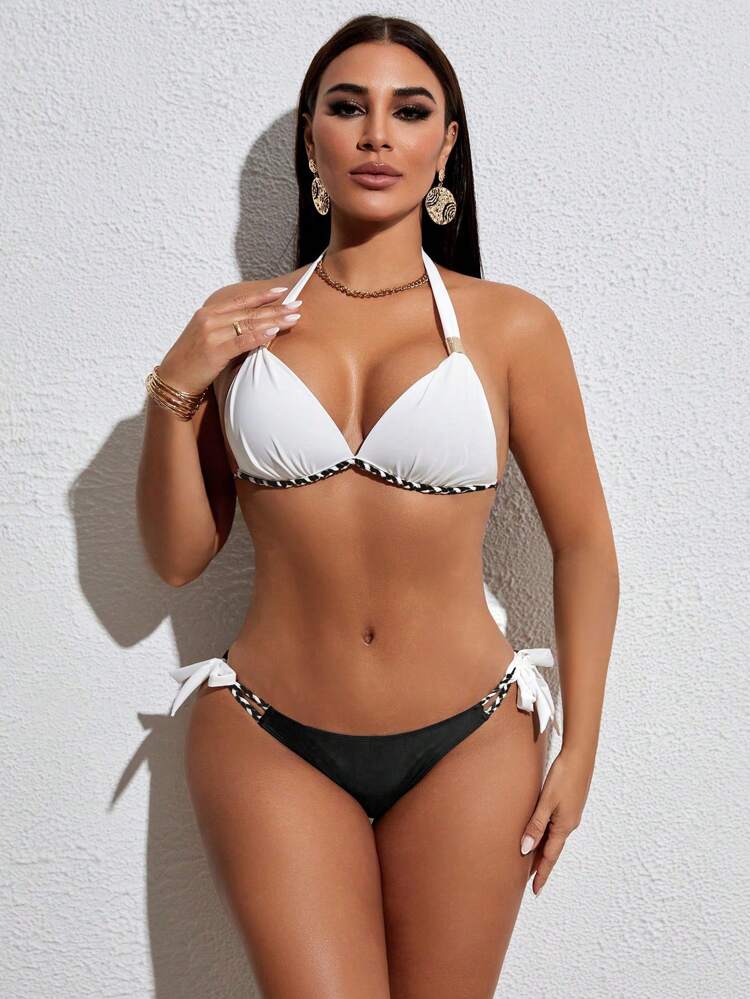 Women's Contrast Color Halter Neck Strappy Bikini Set Suit Wedding Summer Beach