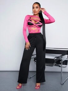 SHEIN SXY Women'S Loose Fit Sweatpants With Contrasting Side Seam And Pink Drawstring - Black - View 3