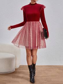 SHEIN Privé 天鵝絨和網眼材質立領長袖連身裙 - 紅色 - 查看 3