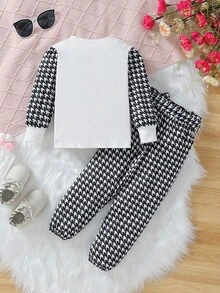 SHEIN 女孩蝴蝶結千鳥格紋 T 恤和褲子套裝 - 白色 - 查看 2