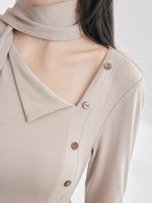 Mulvari Váy khối màu cổ cao bất đối xứng cho nữ - Màu be - Xem 6