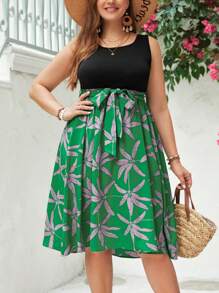 SHEIN VCAY Kích thước lớn Không tay Lá cây In Thắt lưng Mùa hè Đầm - Nhiều màu - Xem 5