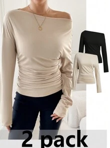 SHEIN Privé 2入組女士褶皺寬鬆T恤 - 黑色 - 查看 8