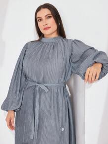Mulvari Vestido De Manga De Farol De Material Texturado Para Mujeres De Tallas Grandes - Gris - Ver 4