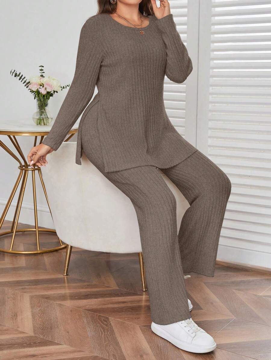 SHEIN Essnce Kích thước lớn Chia bên Tay áo dài Áo thun Và Quần Bộ - Màu Khaki - Xem 1