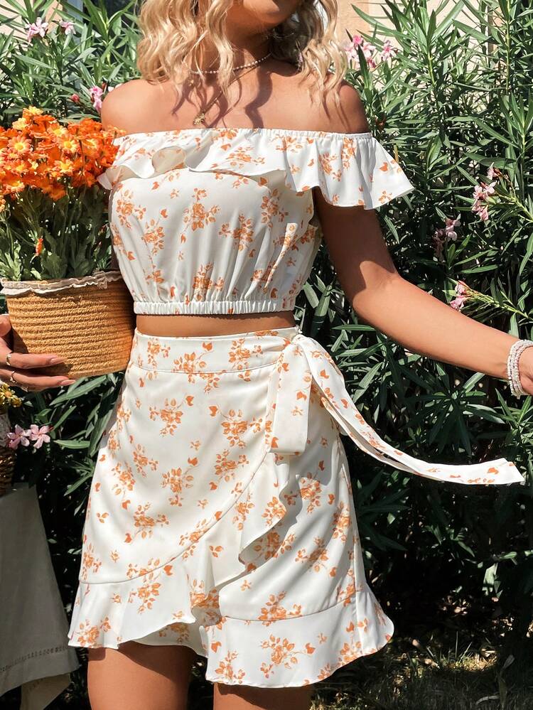 Women'S Floral Print Off-Shoulder Two-Piece Set
