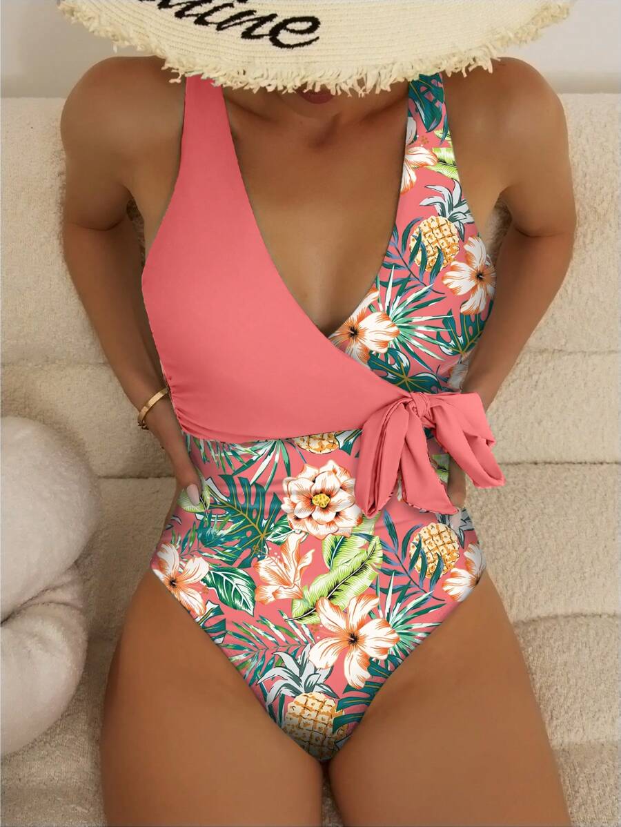 SHEIN Swim 熱帶印花交叉前立體剪裁一片式泳衣 - 彩色 - 查看 1