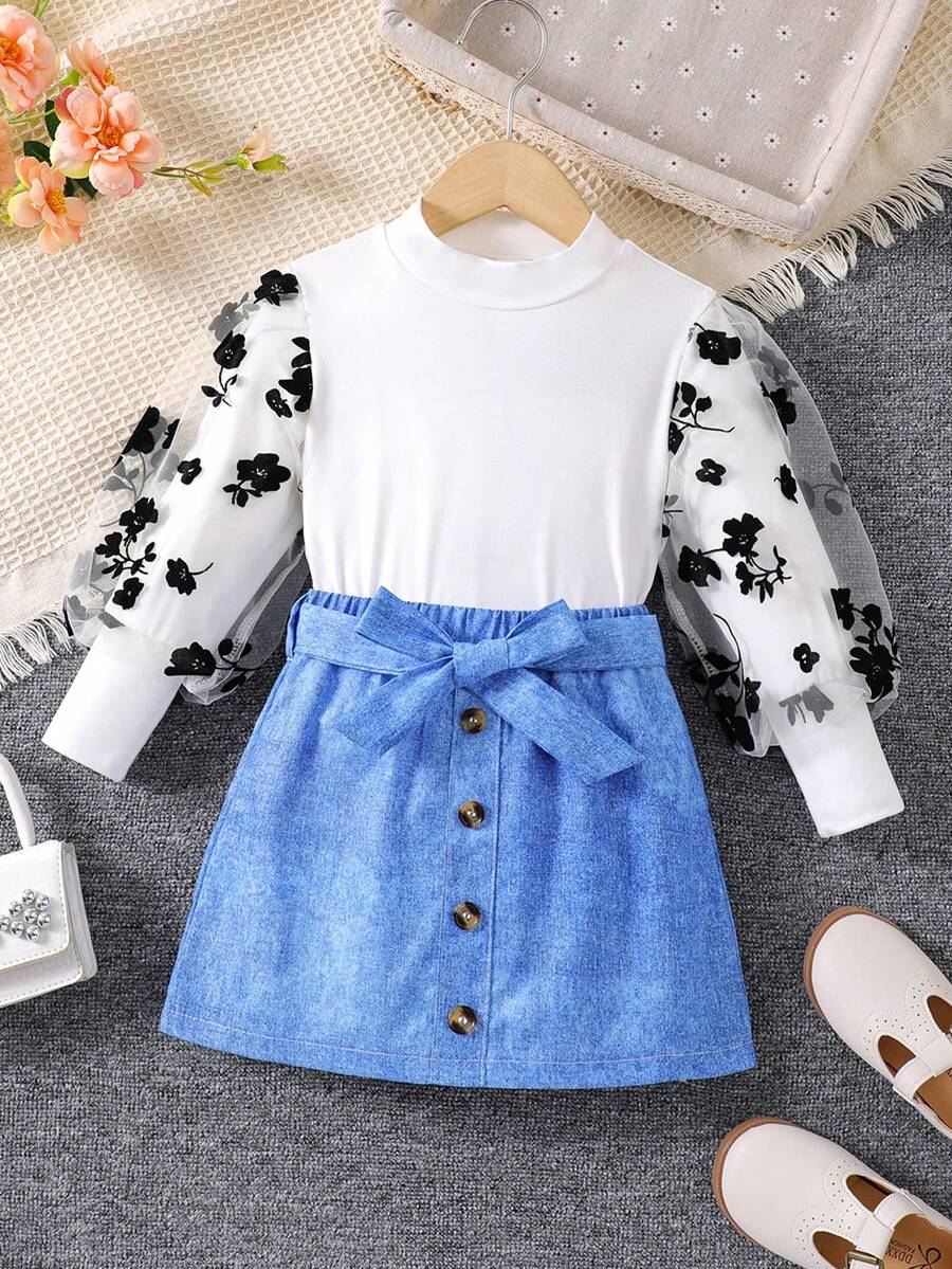 SHEIN Young Girl Autumn Long Sleeve Top & Skirt Set With Bow Belt - Multicolor - View 1