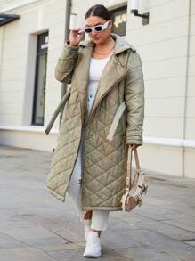 RueChic Plus Zip Up Belted Quilted Coat - Green - View 4