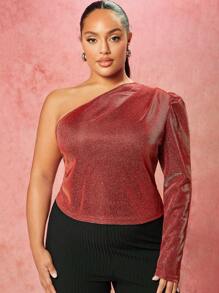 SHEIN BAE Plus Size One-Shoulder Glitter Bubble Sleeve Top - Green - View 6