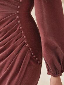 Modelyn 女款純色燈籠袖褶襉修身連身裙 - 珊瑚粉 - 查看 6