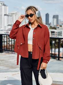 Flirla 女單排扣落肩長袖大衣 - 棕色 - 查看 1