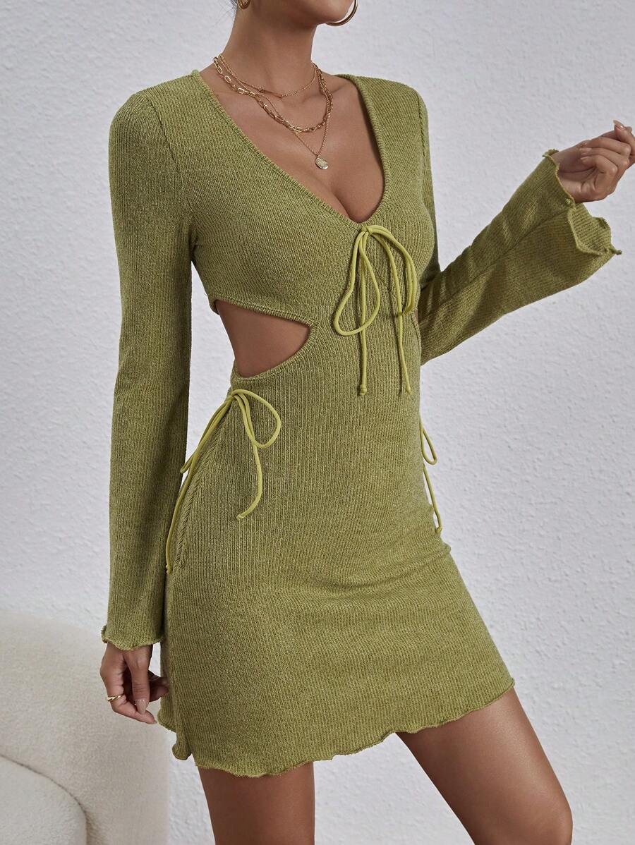 SHEIN PETITE Của phụ nữ Eo chạm rỗng Rau diếp Hem Đầm - màu xanh lá - Xem 1