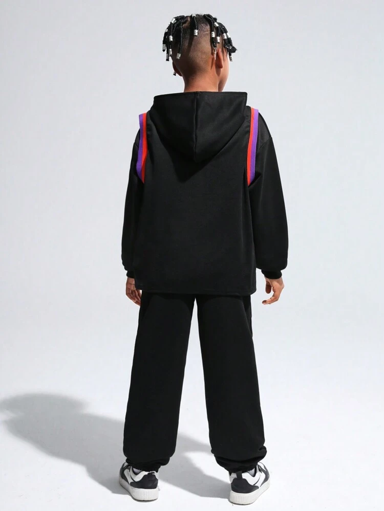 Boys' Casual Solid Color Hooded Sweatshirt, Printed Pants, And Vest Knitted Three-Piece Set