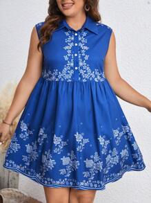SHEIN LUNE Kích thước lớn Của phụ nữ Không tay Nút phía trước In thực vật Đầm Midi - Màu xanh lam - Xem 3