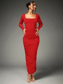 SHEIN BAE 女款高彈修身褶皺方領百搭節慶派對洋裝 - 紅色 - 查看 1