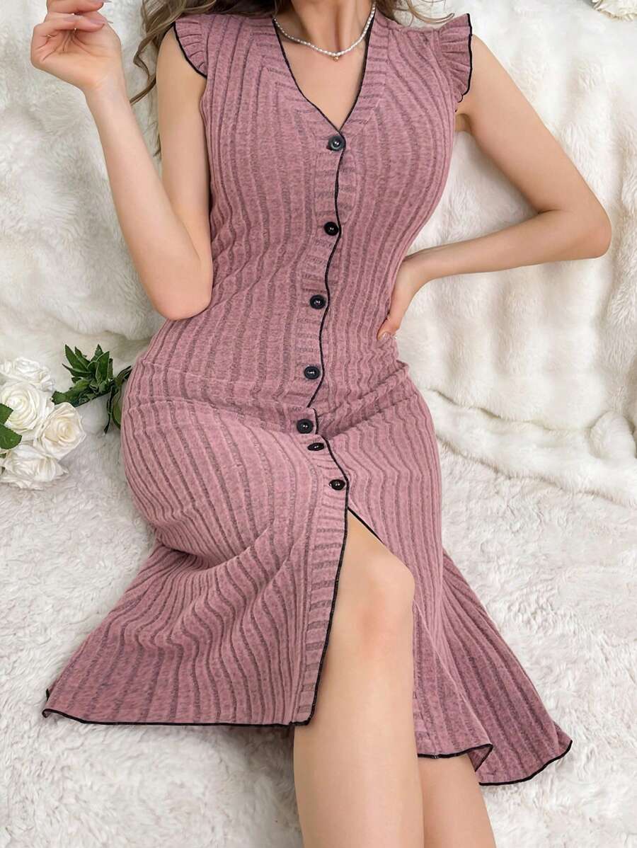 Women'S Cap Sleeve Button Up Homewear Dress - Pink - View 1