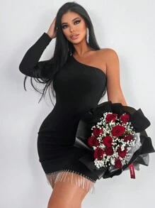 SHEIN Unity Women'S One Shoulder Long Sleeve Bodycon Dress - Black - View 1