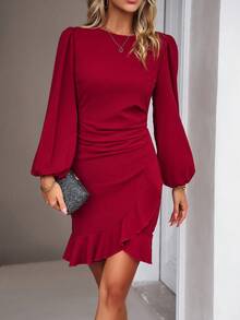 Lantern Sleeve Ruched Ruffle Hem Dress - Burgonya - Görünüm 4