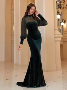 Aureia 带灯笼袖的网眼天鹅绒美人鱼晚礼服，优雅长袖正式舞会婚礼宾客礼服，适合毕业典礼、晚宴派对礼服 - 墨綠色 - 查看 6