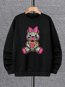 Men'S Round Neck Sweatshirt With Bear Print - Black - View 1