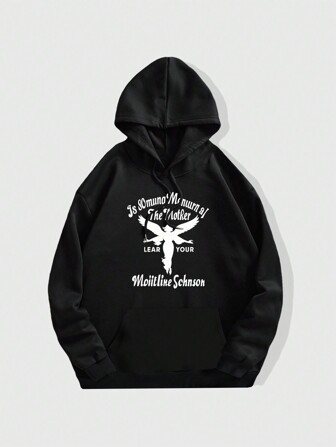 Sudadera Con Capucha De Talla Grande Para Hombre Con Impresión De Ángel Y Eslogan
