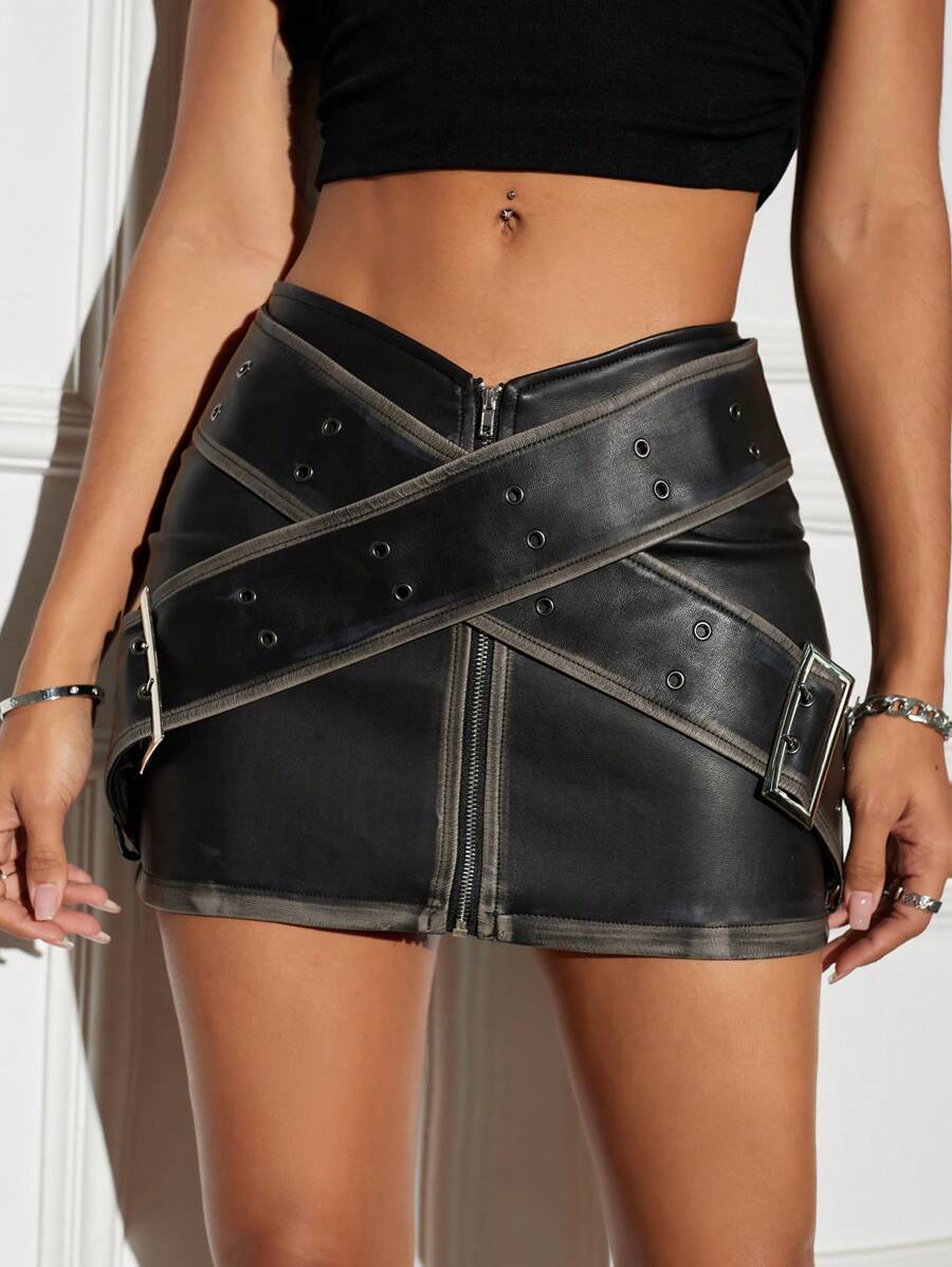 Aveloria Affinna Pu Leather Mini Skirt With Buckle Strap Decoration 