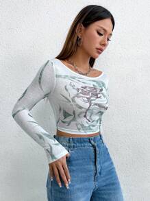 Flirla Rose Printed Long Sleeve T-Shirt - White - View 4
